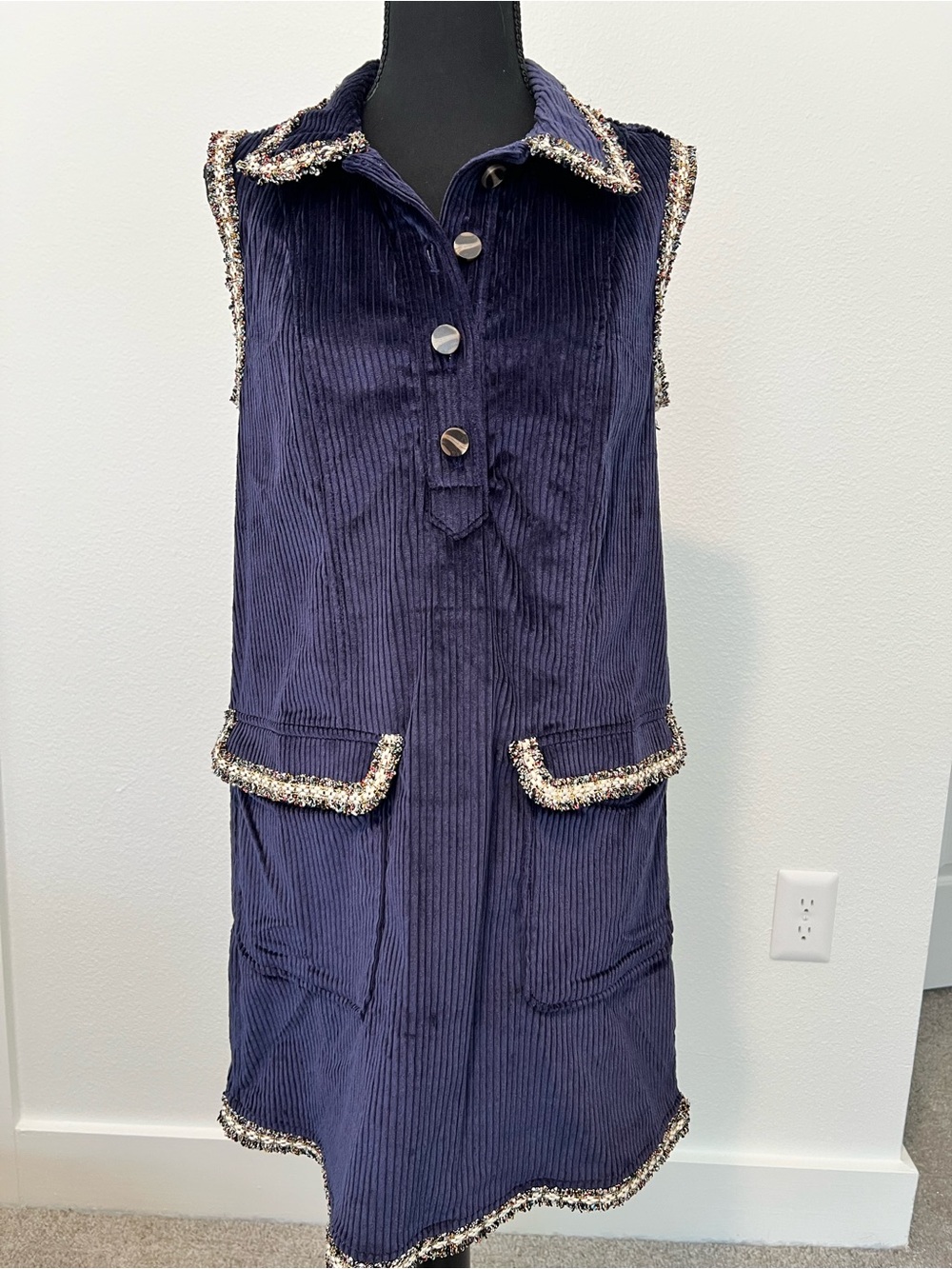 Anthropologie Navy Corduroy Sleeveless Shift Dress with Tweed Trim